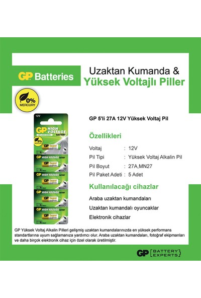 Gp 27A-C5 12V Alkalin 5Li Kartela