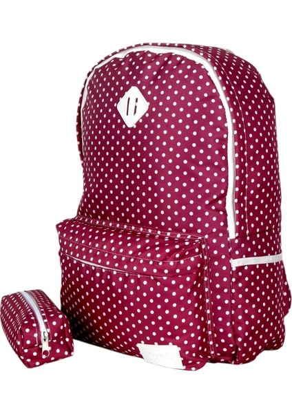 Bordo Puantiyeli Kalem Çantası Bundle Okul Çantası