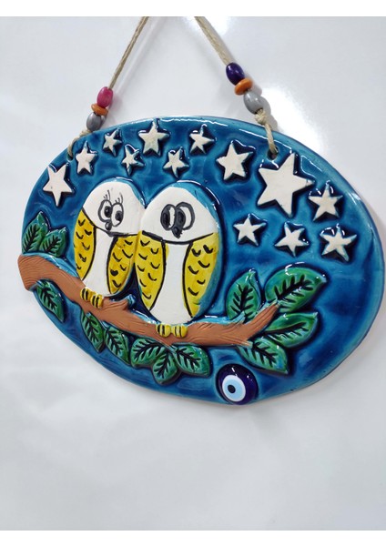 Seramik Aşık Baykuşlar Nazarlık Dekor ve Duvar Süsü 33 x 23 cm