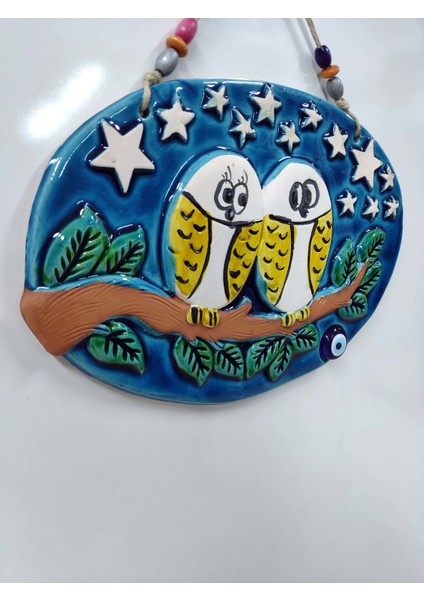Seramik Aşık Baykuşlar Nazarlık Dekor ve Duvar Süsü 33 x 23 cm