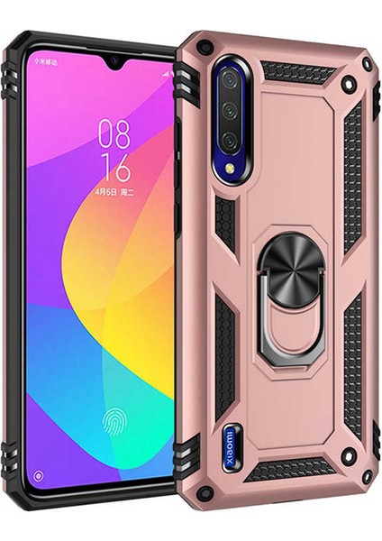 Xiaomi Mi A3 Kılıf Çift Katmanlı Yüzüklü Manyetik Vega Kapak Rose Gold