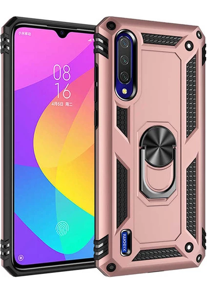 Case 4U Xiaomi Mi A3 Kılıf Çift Katmanlı Yüzüklü Manyetik Vega Kapak Rose Gold