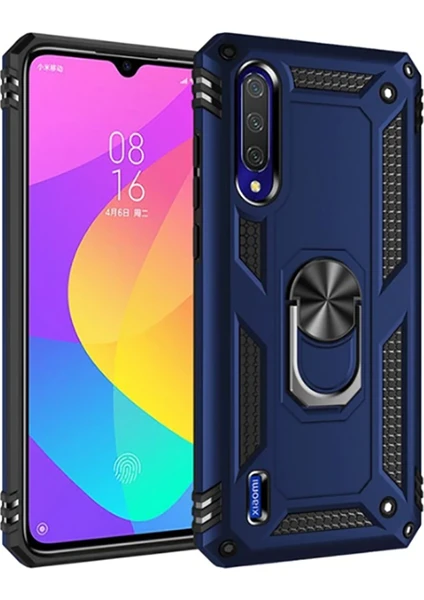 Case 4U Xiaomi Mi A3 Kılıf Çift Katmanlı Yüzüklü Manyetik Vega Kapak Lacivert