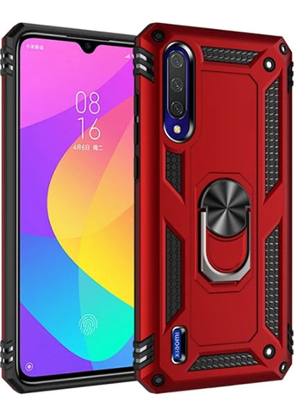 Case 4U Xiaomi Mi A3 Kılıf Çift Katmanlı Yüzüklü Manyetik Vega Kapak Kırmızı