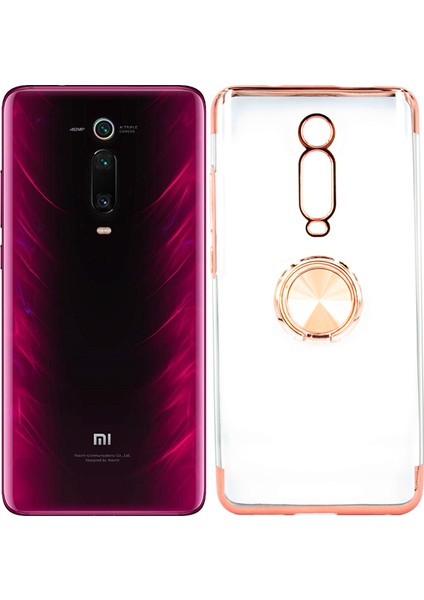 Xiaomi Mi 9T Kılıf Yüzüklü Standlı Manyetik Silikon Gess Arka Kapak Rose Gold