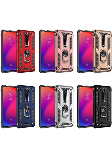 Xiaomi Mi 9T Kılıf Çift Katmanlı Yüzüklü Manyetik Vega Kapak Gümüş