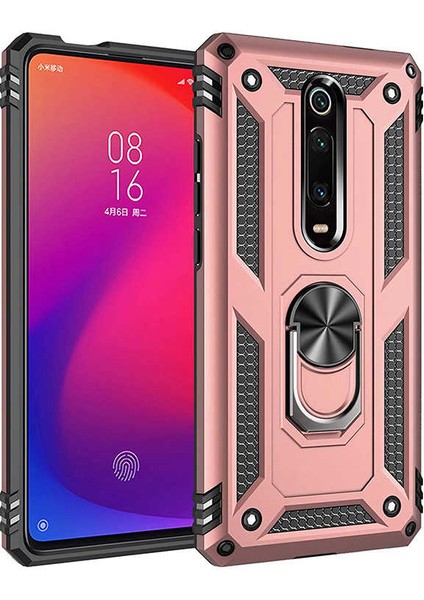 Xiaomi Mi 9T Kılıf Çift Katmanlı Yüzüklü Manyetik Vega Kapak Rose Gold