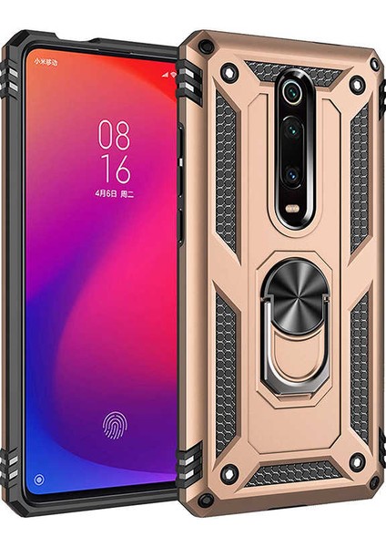 Xiaomi Mi 9T Kılıf Çift Katmanlı Yüzüklü Manyetik Vega Kapak Altın