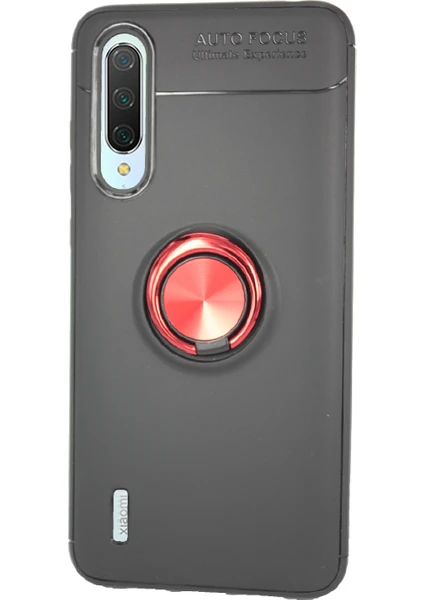 Case 4U Xiaomi Mi 9 Lite Kılıf Autofocus Shockprof Ravel Yüzüklü Standlı Slikon Kapak Siyah Kırmızı