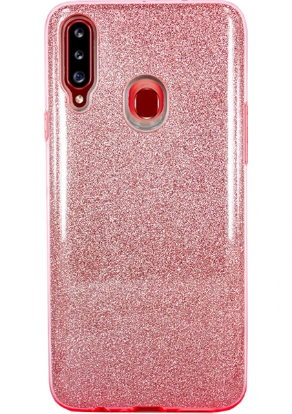 Case 4U A20S Kılıf Çift Katmanlı Simli Shining Sert Silikon Arka Kapak Rose Gold