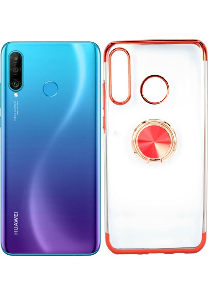 Huawei P30 Lite Kılıf Yüzüklü Standlı Manyetik Silikon Gess Arka Kapak Kırmızı