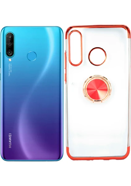 Case 4U Huawei P30 Lite Kılıf Yüzüklü Standlı Manyetik Silikon Gess Arka Kapak Kırmızı