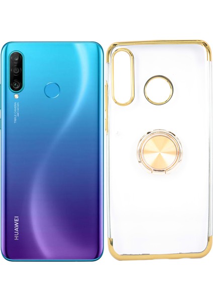 Huawei P30 Lite Kılıf Yüzüklü Standlı Manyetik Silikon Gess Arka Kapak Altın