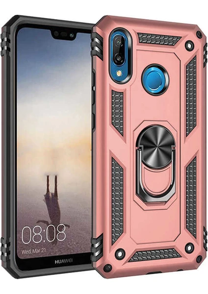 Case 4U Huawei P20 Lite Kılıf Çift Katmanlı Yüzüklü Manyetik Vega Kapak Rose Gold