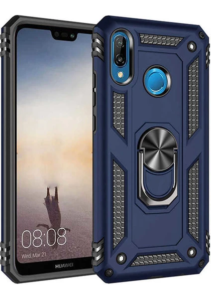 Case 4U Huawei P20 Lite Kılıf Çift Katmanlı Yüzüklü Manyetik Vega Kapak Lacivert