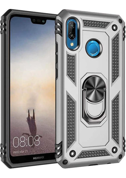 Case 4U Huawei P20 Lite Kılıf Çift Katmanlı Yüzüklü Manyetik Vega Kapak Gümüş