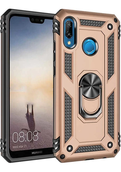 Case 4U Huawei P20 Lite Kılıf Çift Katmanlı Yüzüklü Manyetik Vega Kapak Altın