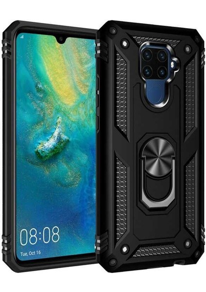 Huawei Mate 30 Lite Kılıf Çift Katmanlı Yüzüklü Manyetik Vega Kapak Siyah