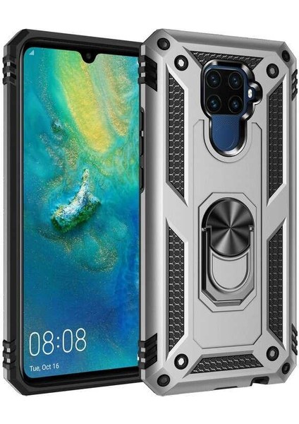 Huawei Mate 30 Lite Kılıf Çift Katmanlı Yüzüklü Manyetik Vega Kapak Gümüş