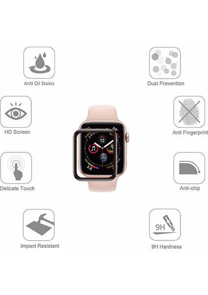 Apple Watch Uyumlu Seri 5 44mm Tam Kaplayan Kavisli Cam Ekran Koruyucu Siyah