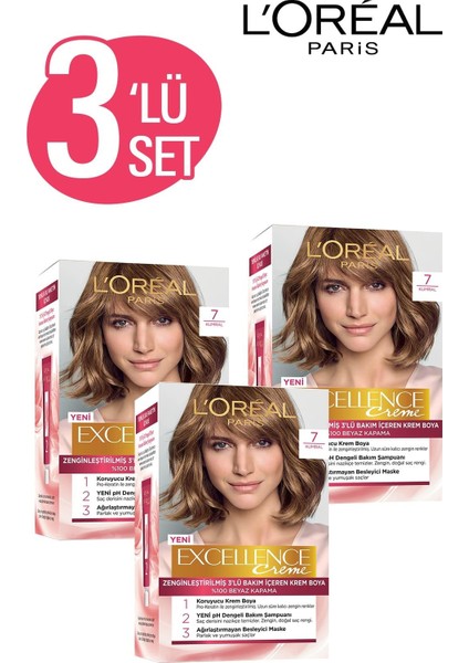 Excellence Creme Saç Boyası 7 Kumral 3'lü Set