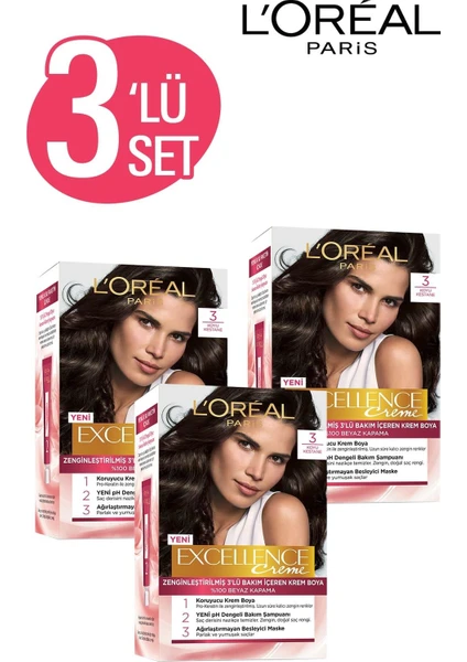 L'Oréal Paris Excellence Creme Saç Boyası 3 Koyu Kestane 3'lü Set