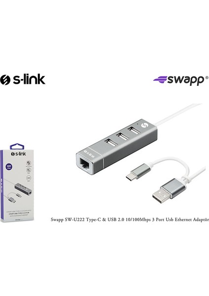 SW-U222 Type-C To 10/100MBPS-3 Port Usb3.0 Ethernet Adaptör