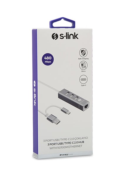 SW-U222 Type-C To 10/100MBPS-3 Port Usb3.0 Ethernet Adaptör