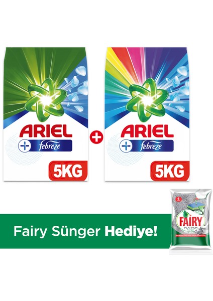 Plus Toz Çamaşır Deterjanı Febreze Etkili Beyazlar 5 kg + Parlak Renkler 5 kg + (Fairy Sünger)