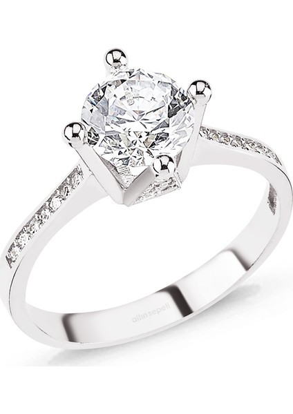 Altınsepeti Beyaz Altın Kolları ve Yanları Taşlı Tektaş Yüzük AS298YZR3