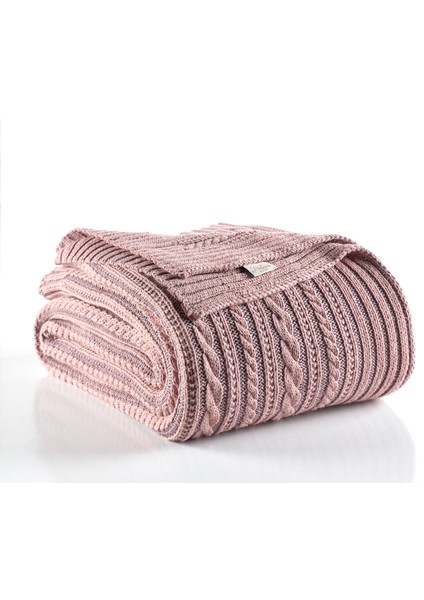 Örgü Çift Kişilik Battaniye Koyu Pudra