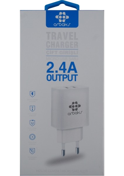 ARB-005 Plastik 2400 mAh 2 Çıkışlı + Micro Usb Data Kablo Ev Tipi Şarj Cihazı