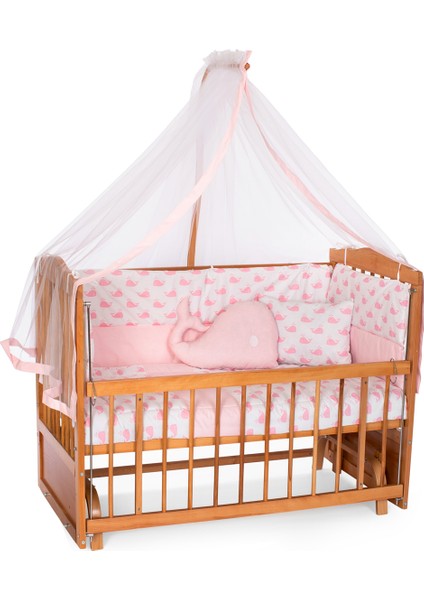 Ahşap Meşe Renk Anne Yanı Beşik 3 Kademeli Sallanan Ahşap Beşik 60 x 120 cm - Pembe Balina Uyku Setli & Soft Yataklı