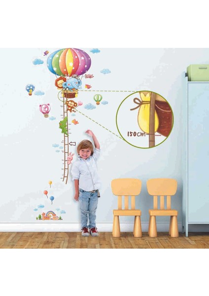 Kt Decoration Sevimli Hayvanlar ile Balon Yolculuğu Boy Ölçer Duvar Çıkartması