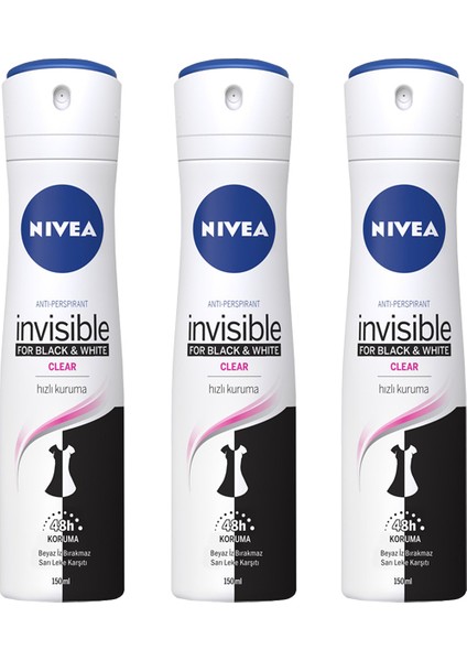 Invisible Black & White Clear Sprey Deodorant 150 ml x 3 Adet