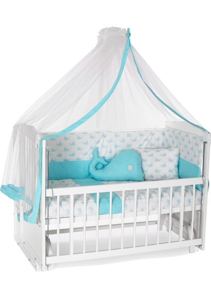 Ahşap Lake Beyaz Renk Anne Yanı Beşik 3 Kademeli Sallanan Ahşap Beşik 60 x 120 cm - Mavi Balina Uyku Setli & Soft Yataklı modelleri