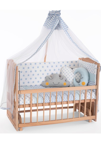 Ahşap Organik Beşik Anne Yanı Beşik 3 Kademeli Lüx Bebek Beşiği 60 x 120 cm - Mavi Yıldız Uyku Setli & Soft Yataklı fiyatları
