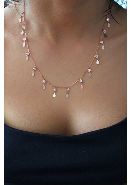 Damla Pullu Taşlı Roz Gümüş Kolye (TGK0394)