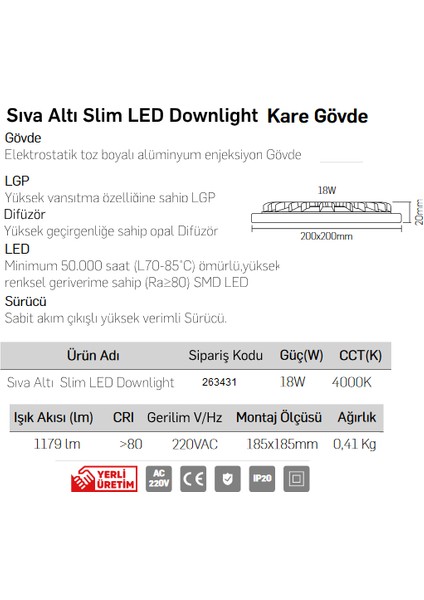 263431 LED Panel Slim Kare Spot 18 W 4000K Ilık Beyaz Işık Siyah Gövde