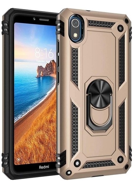 Teknogrup Xiaomi Redmi 7A Kılıf Çift Katmanlı Yüzüklü Manyetik Vega Kapak - Gold + Cam Ekran Koruyucu