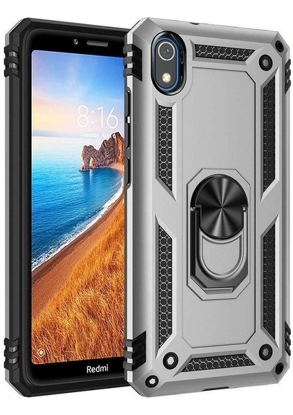 Teknogrup Xiaomi Redmi 7A Kılıf Çift Katmanlı Yüzüklü Manyetik Vega Kapak - Gümüş + Cam Ekran Koruyucu