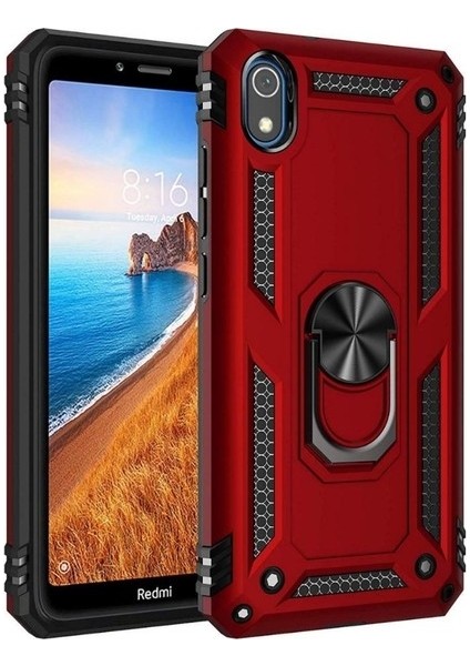 Teknogrup Xiaomi Redmi 7A Kılıf Çift Katmanlı Yüzüklü Manyetik Vega Kapak - Kırmızı + Nano Ekran Koruyucu
