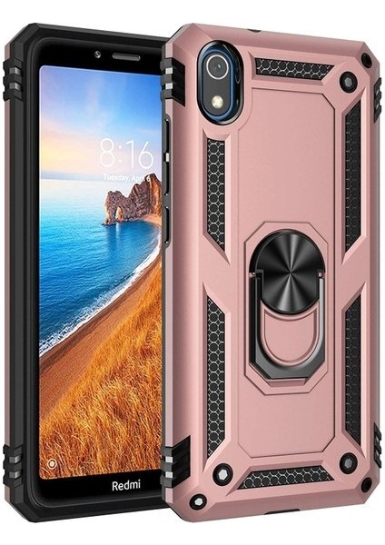 Teknogrup Xiaomi Redmi 7A Kılıf Çift Katmanlı Yüzüklü Manyetik Vega Kapak - Rose + Nano Ekran Koruyucu
