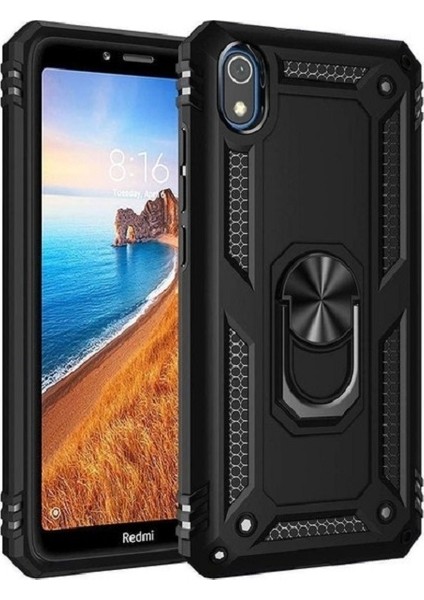 Teknogrup Xiaomi Redmi 7A Kılıf Çift Katmanlı Yüzüklü Manyetik Vega Kapak - Siyah + Nano Ekran Koruyucu