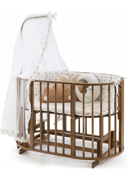 Ahşap Ceviz Renk Play Stokke 7 in 1 Sepet Beşik, Anne Yanı Beşik, Karyola, Alt Değiştirme Sehpası, Masa, Sandalye - Krem Yıldız Uyku Seti & Soft Yatakları