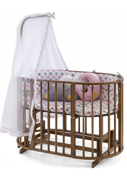 Ahşap Ceviz Renk Play Stokke 7 in 1 Sepet Beşik, Anne Yanı Beşik, Karyola, Alt Değiştirme Sehpası, Masa, Sandalye - Pembe Yıldız Uyku Seti & Soft Yatakları