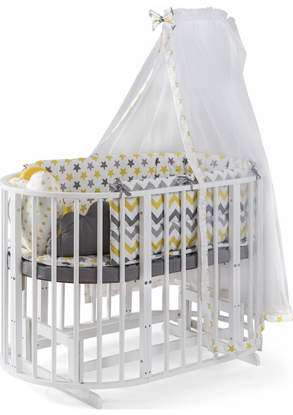 Ahşap Lake Beyaz Renk Play Stokke 7 in 1 Sepet Beşik, Anne Yanı Beşik, Karyola, Alt Değiştirme Sehpası, Masa, Sandalye - Sarı Yıldız Uyku Seti & Soft Yatakları
