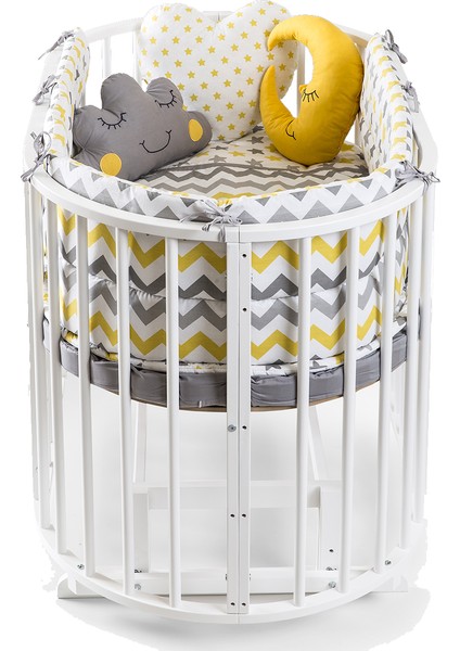 Ahşap Lake Beyaz Renk Play Stokke 7 in 1 Sepet Beşik, Anne Yanı Beşik, Karyola, Alt Değiştirme Sehpası, Masa, Sandalye - Sarı Yıldız Uyku Seti & Soft Yatakları modelleri