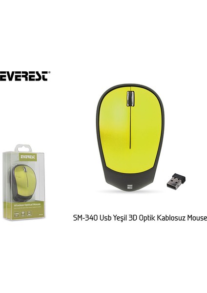 SM-340 Yeşil Usb 3D Optik Süper Sessiz Alkalin Pilli Kablosuz Mouse