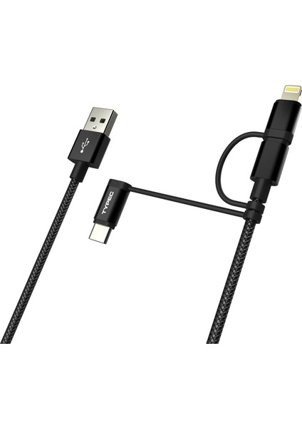 DWA0003 – 3 in 1 Örgülü USB Kablo Type-C + Micro USB + Lightning